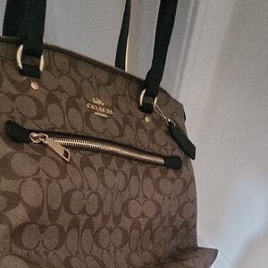 Coach Brown Monogram Tote with Leather Trim